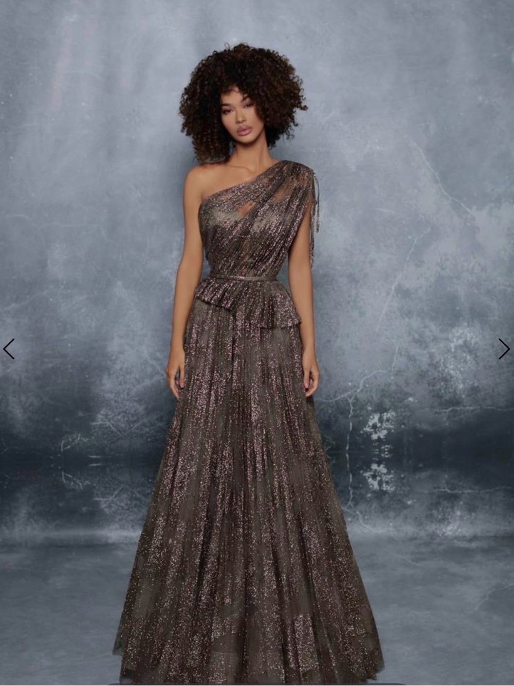 Tarik Ediz One-Shoulder Metallic Brown Glitter Maxi Gown